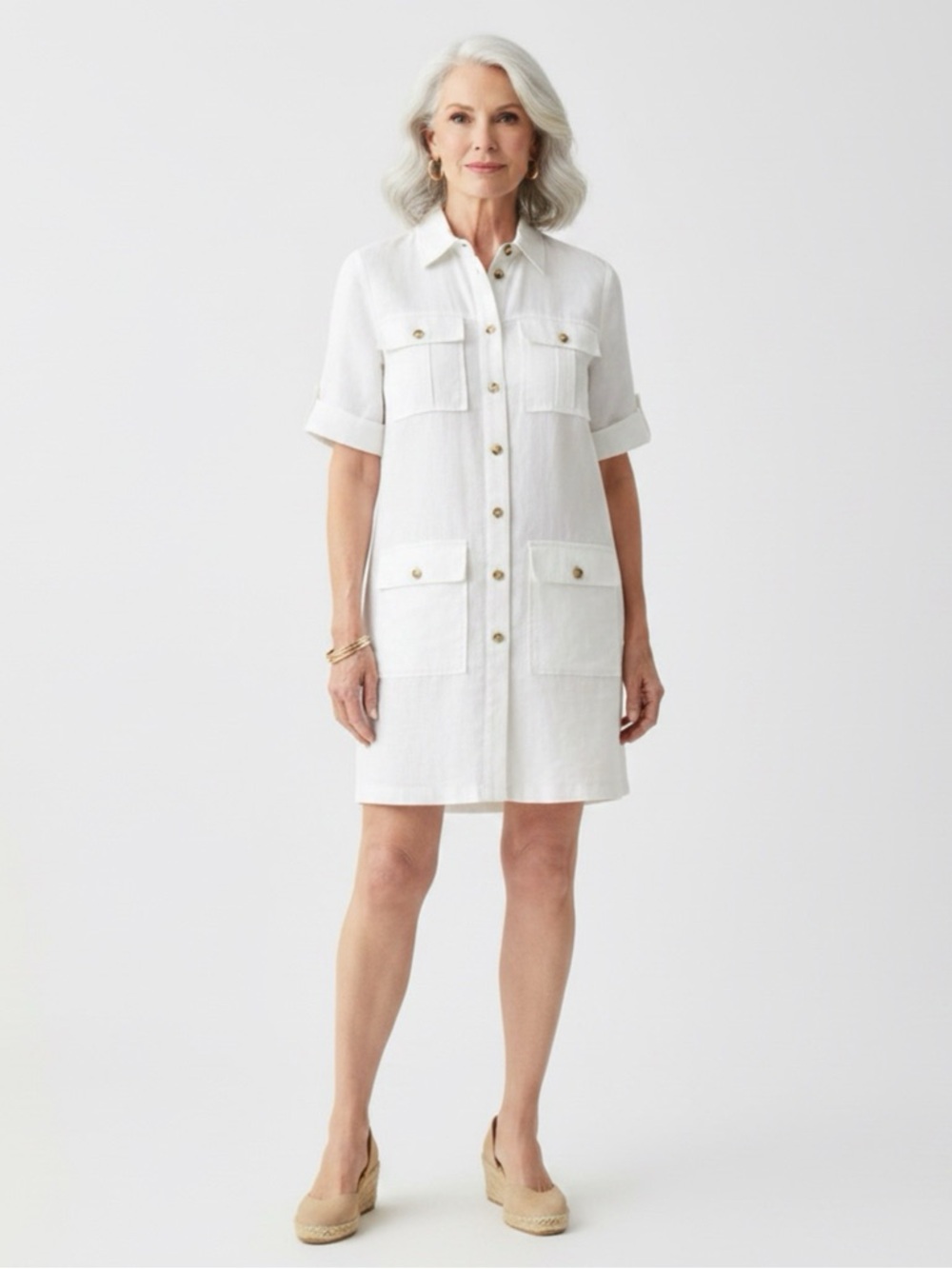 J. Crew White Short-Sleeve Button-Front Midi Linen Shirt Dress